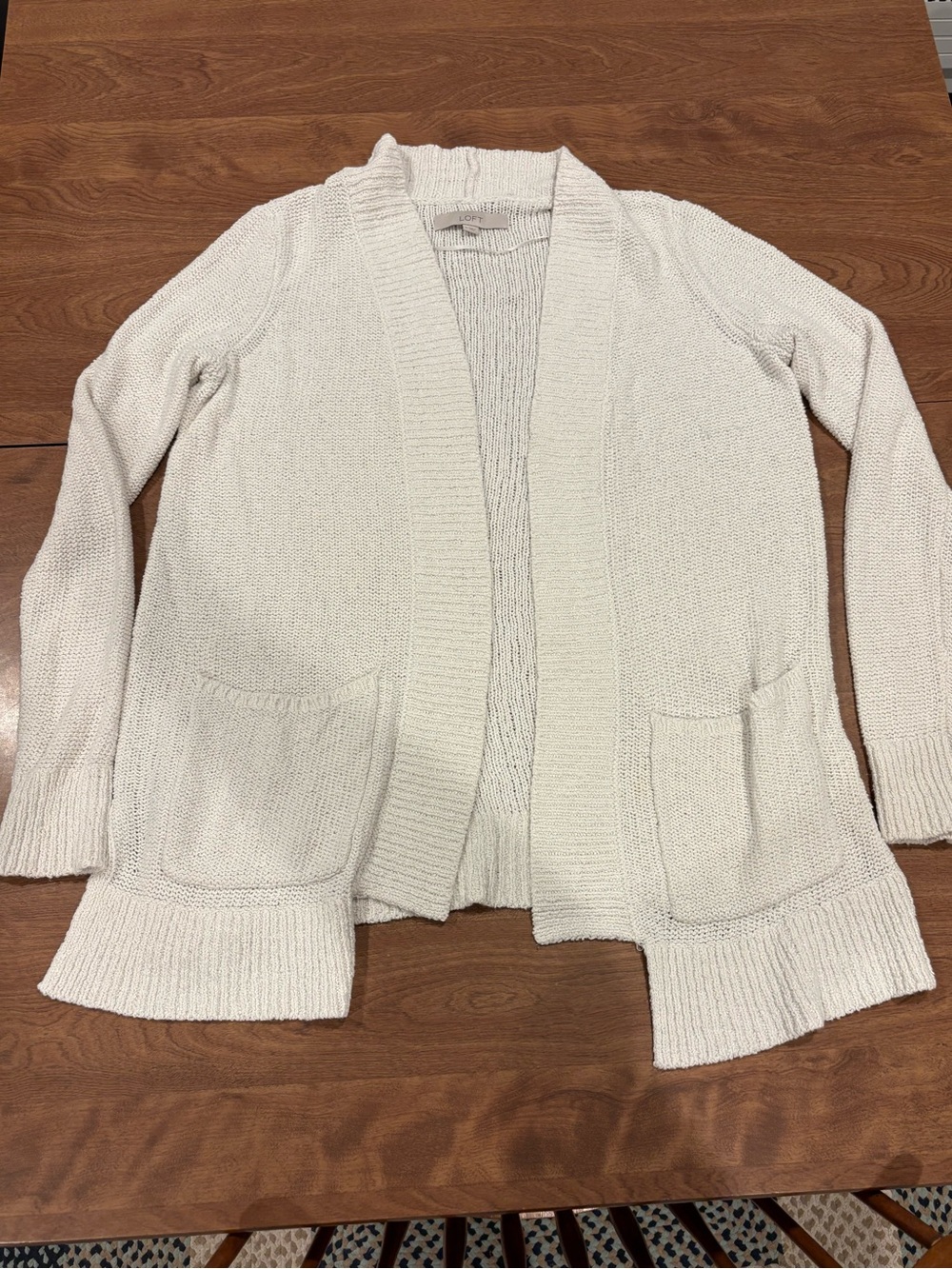 LOFT Cream Open-Front Knit Cardigan with Pockets Cotton Blend Size Medium